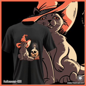 Halloween-001 - Diseño de Halloween Gatito - Remera de Algodón