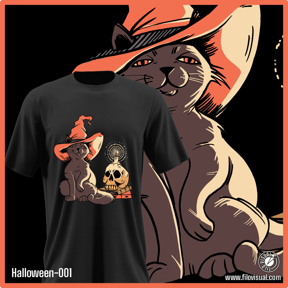 Halloween-001 - Diseño de Halloween Gatito - Remera de Algodón